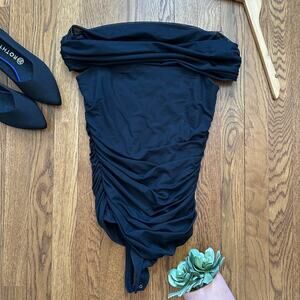 Abercrombie & Fitch Black Mesh Ruched Off the Shoulder Bodysuit